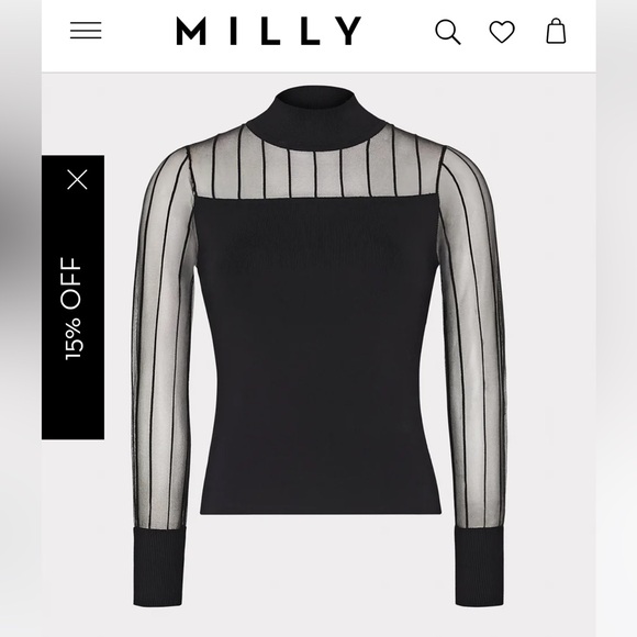 Milly Black Sheer mock neck long Sleeve Top size s - Picture 11 of 15